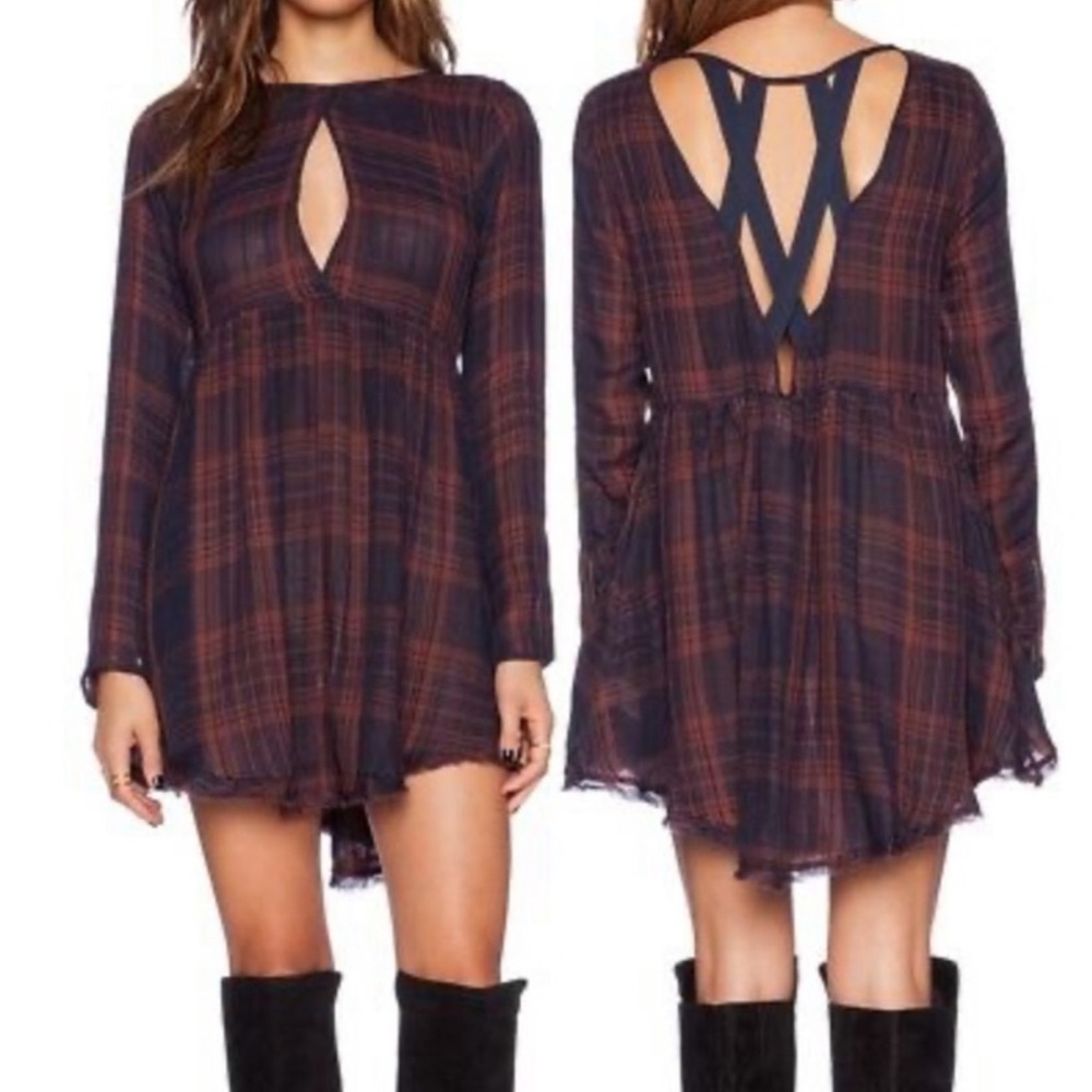 FREE PEOPLE. Fall Autumn Plaid cut-out ribbon babydoll tunic dress. Size S